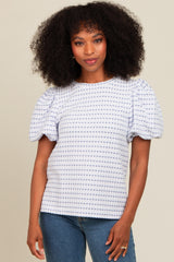 Blue Checker Print Puff Sleeve Top