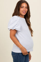 Blue Checker Print Puff Sleeve Maternity Top