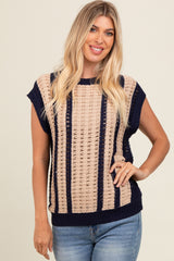 Navy Blue Loose Crochet Knit Sweater Top