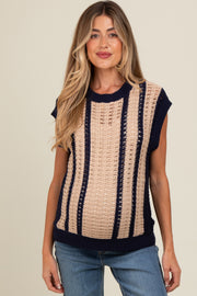 Navy Blue Loose Crochet Knit Sweater Top