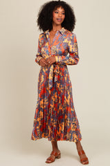 Orange Paisley Print Pleated Button Down Maternity Midi Dress