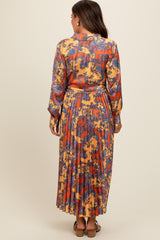 Orange Paisley Print Pleated Button Down Maternity Midi Dress