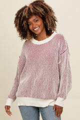 Burgundy Two Tone Ribbed Knit Sweater