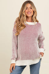 Burgundy Two Tone Ribbed Knit Maternity Sweater