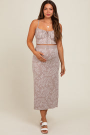 Light Taupe Floral Knit Crop Top and Midi Skirt Maternity Set