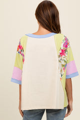 Lime Floral Colorblock Raw Hem Oversized Top