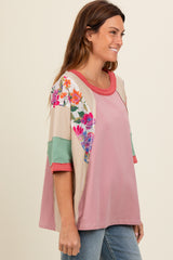 Mauve Floral Colorblock Raw Hem Oversized Top