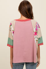 Mauve Floral Colorblock Raw Hem Oversized Top