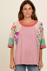 Mauve Floral Colorblock Raw Hem Maternity Oversized Top