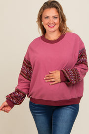 Mauve Knit Contrast Sleeve Maternity Plus Pullover