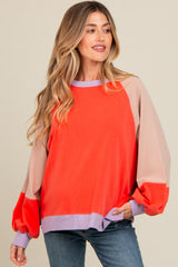 Coral Colorblock Bubble Sleeve Maternity Pullover