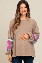 Light Taupe Raw Edge Flower Patch Maternity Top