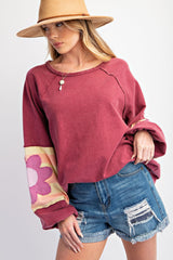 Burgundy Raw Edge Flower Patch Maternity Top