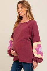 Burgundy Raw Edge Flower Patch Maternity Top