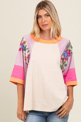 Lavender Floral Colorblock Raw Hem Oversized Top