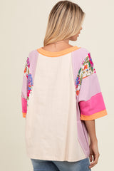 Lavender Floral Colorblock Raw Hem Oversized Top