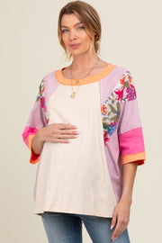 Lavender Floral Colorblock Raw Hem Maternity Oversized Top