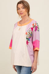 Lavender Floral Colorblock Raw Hem Maternity Oversized Top