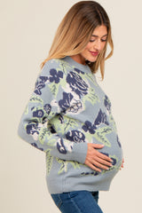 Light Blue Floral Print Crew Neck Maternity Sweater