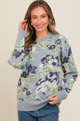 Light Blue Floral Print Crew Neck Maternity Sweater