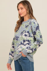 Light Blue Floral Print Crew Neck Sweater