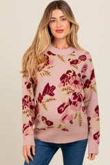 Mauve Floral Print Crew Neck Maternity Sweater