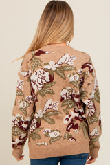 Beige Floral Print Crew Neck Maternity Sweater