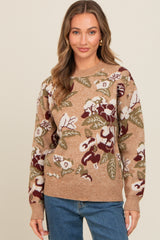 Beige Floral Print Crew Neck Sweater