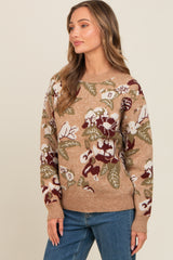 Beige Floral Print Crew Neck Sweater