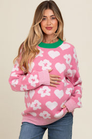 Pink Floral Heart Print Maternity Sweater