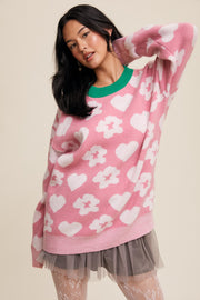 Pink Floral Heart Print Sweater