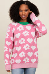 Pink Floral Heart Print Sweater