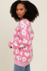 Pink Floral Heart Print Sweater