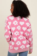 Pink Floral Heart Print Sweater