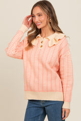 Salmon Ruffle Collar Button Up Waffle Knit Sweater