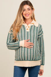 Dark Teal Ruffle Collar Button Up Waffle Knit Maternity Sweater