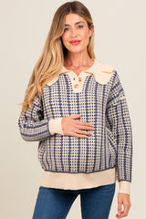 Navy Blue Ruffle Collar Button Up Waffle Knit Maternity Sweater