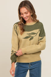 Olive Leaf Print Colorblock Sweater