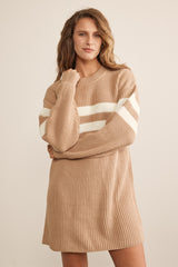 Beige Relaxed Fit Striped Mini Sweater Dress