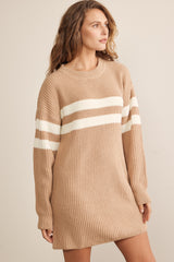 Beige Relaxed Fit Striped Mini Sweater Dress