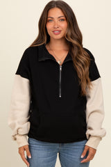 Black Coloblock Half Zip Maternity Hoodie