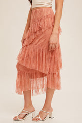 Rust Asymmetrical Tiered Lace Skirt