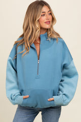 Blue Colorblock Half Zip Maternity Hoodie