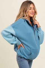 Blue Colorblock Half Zip Maternity Hoodie