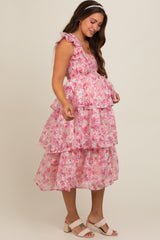 Pink Floral Smocked Tiered Layered Maternity Midi Dress