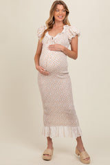 Yellow Floral Smocked Fitted Eyelet Lace Trim Maternity Dress