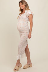 Yellow Floral Smocked Fitted Eyelet Lace Trim Maternity Dress