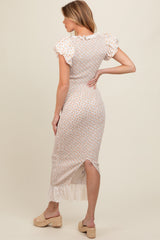 Yellow Floral Smocked Fitted Eyelet Lace Trim Maternity Dress