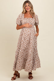 Light Mocha Floral Applique Tiered Maternity Maxi Dress