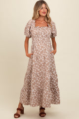 Light Mocha Floral Applique Tiered Maternity Maxi Dress